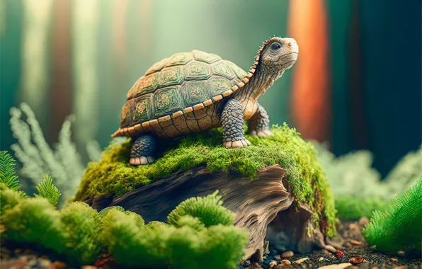 Forest, nature, pebbles, graphics, moss, stump, turtle, baby