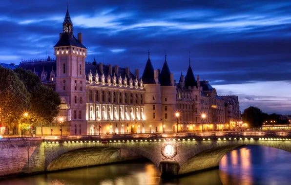 Light, bridge, the city, river, castle, France, Paris, the evening