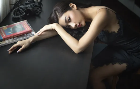 Wallpaper brunette, table, model, face