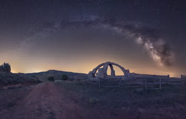 Road, field, stars, night, hills, the fence, the fence, The milky way