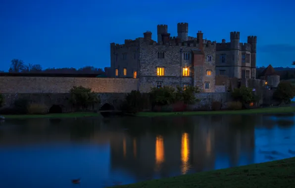 Picture night, lights, reflection, blue, castle, shore, England, Kent