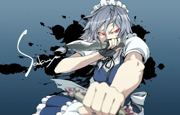 Blots, knives, red eyes, fist, blue background, the maid, Izayoi Sakuya, evil eye