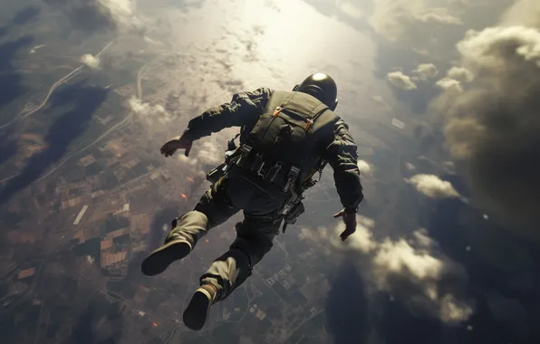 Clouds, Flight, Jump, Soldiers, Male, Digital art, AI art, The Art of Artificial Intelligence