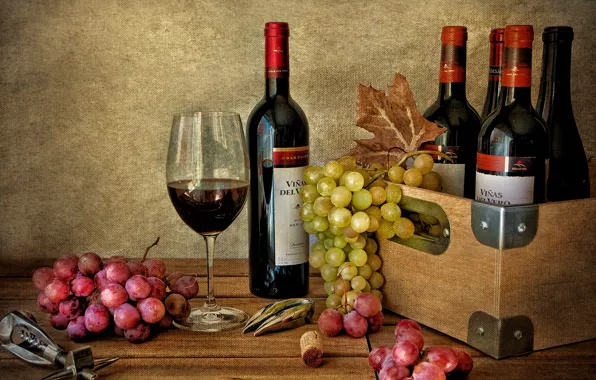 Picture wine, glass, bottle, grapes, alcohol, drink, box, a lot