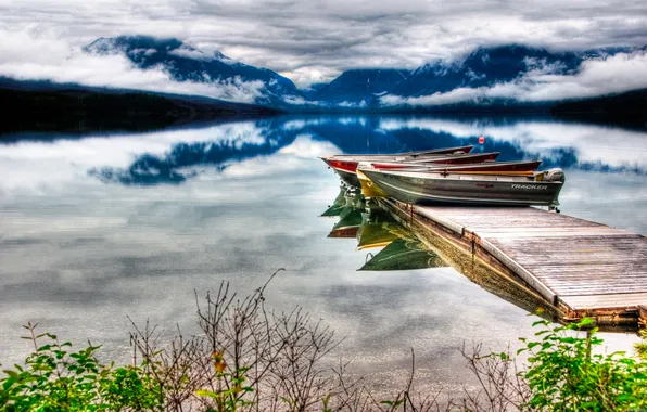 The sky, clouds, mountains, lake, reflection, boats, the bridge