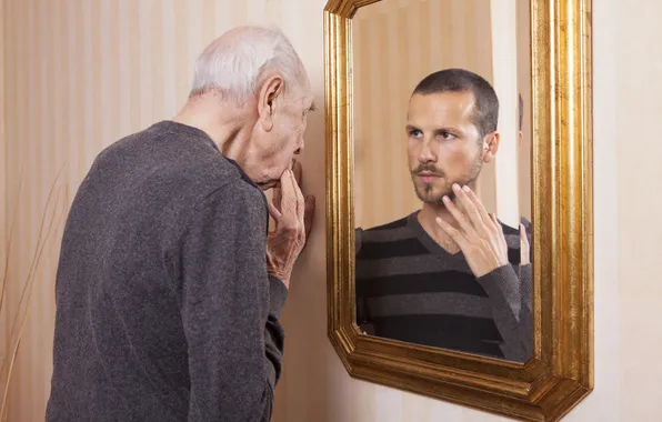 Picture reflection, mirror, Old man, young man