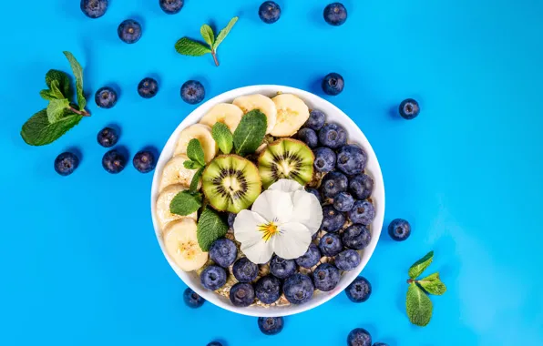 Kiwi, blueberries, banana, mint