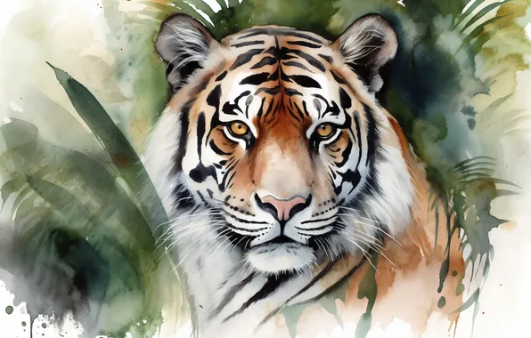 Look, face, leaves, nature, tiger, portrait, jungle, imitation painting
