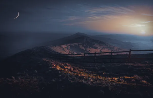 The sky, mountains, night, hills, the moon, a month, the fence