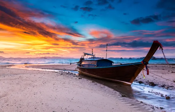 Picture sea, beach, landscape, sunset, boat