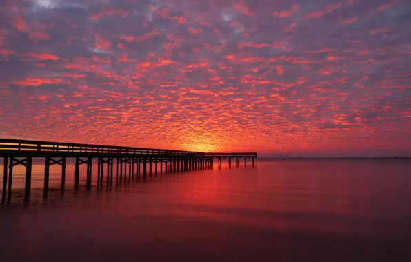 Picture the sky, clouds, sunset, river, the evening, pier, horizon, pierce