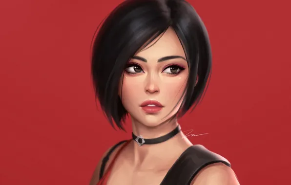 Red, Girl, Minimalism, Lips, Face, Asian, Eyes, Background