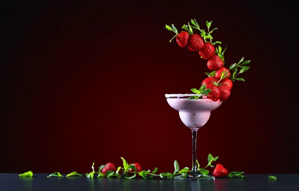 Leaves, design, glass, strawberry, berry, cocktail, red