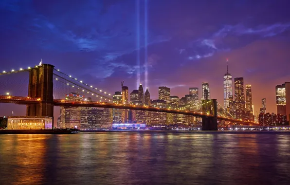 Night, New York, USA, USA, Brooklyn bridge, New York, Brooklyn Bridge, River