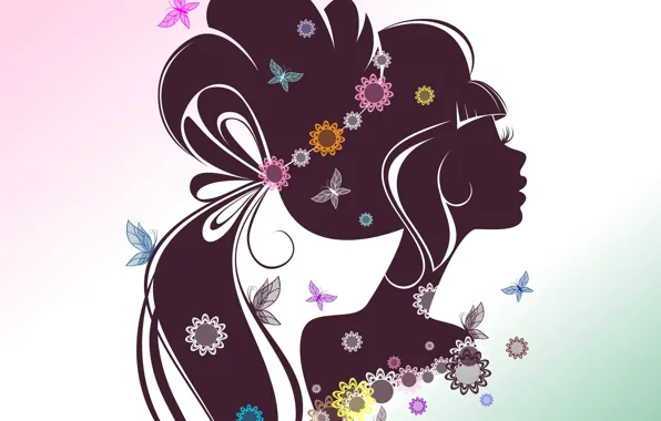 Picture girl, butterfly, flowers, face, eyelashes, background, hair, silhouette