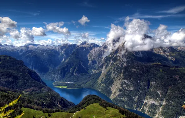 Clouds, mountains, river, field, Germany, Bayern, Alps, panorama