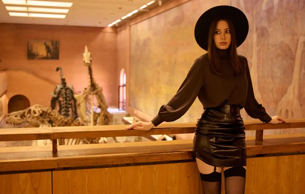 Girl, hat, stockings, beautiful, model, brunette, cute, skirt