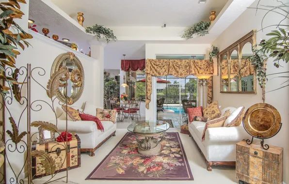 Bright, design, carpet, table, sofas, living room, curtains