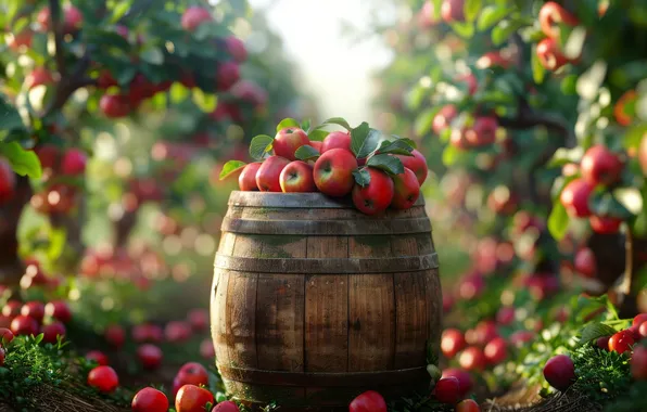 Leaves, light, apples, garden, harvest, red, barrel, a lot