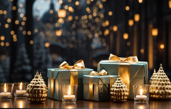 Lights, candles, Christmas, gifts, New year, bokeh, Christmas trees, AI art