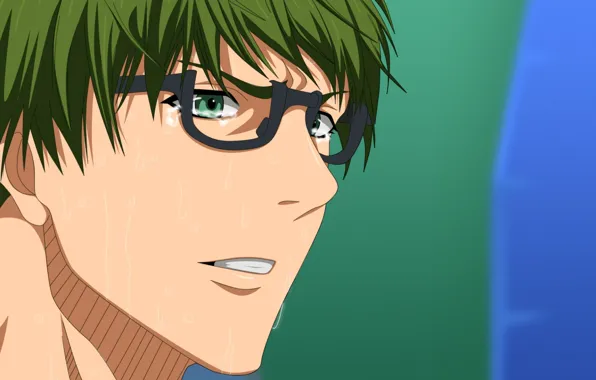 Picture face, glasses, guy, green hair, sweat, bangs, Kuroko's basketball, Midorima Shintarou