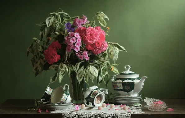 Bouquet, kettle, candy, vase, Lyudmila Khrustaleva