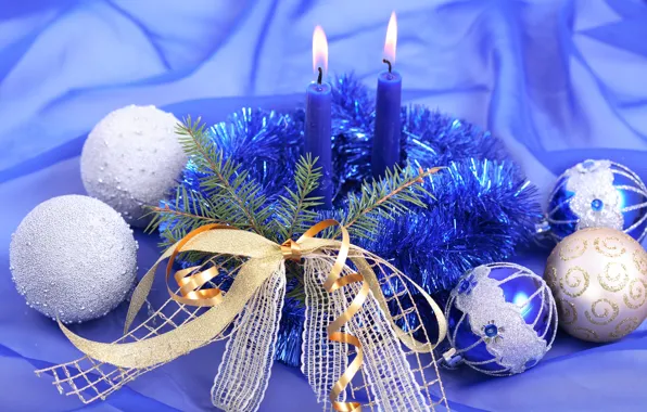 Blue, balls, silver, branch, candles, sequins, tape, tree