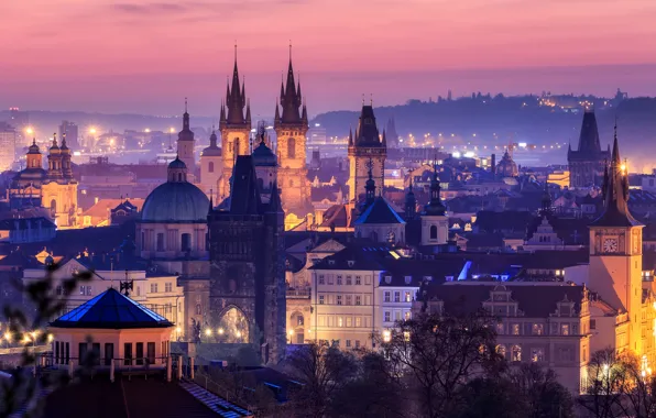 Sunset, the city, lights, home, the evening, Prague, Czech Republic