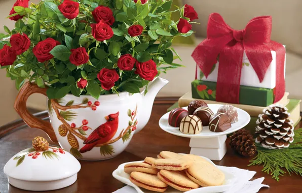Picture flowers, table, chocolate, roses, bouquet, New Year, cookies, Christmas