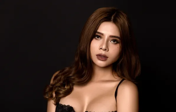 Picture portrait, makeup, hairstyle, brown hair, beauty, black background, Thomas Lee
