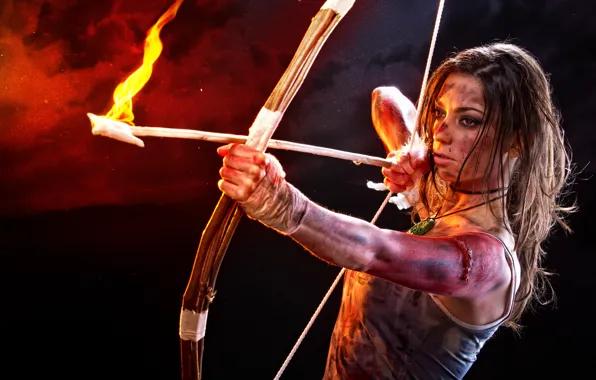 Picture look, girl, face, fire, bow, arrow, lara croft, tomb raider
