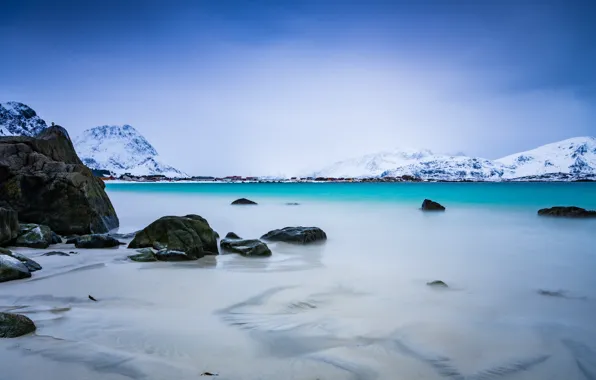 Picture winter, snow, mountains, stones, rocks, shore, Norway, house