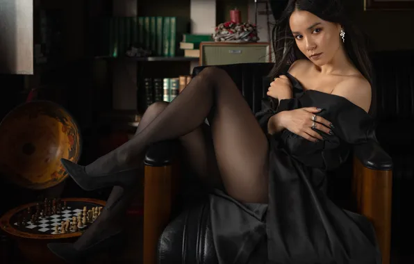 Look, girl, pose, chair, chess, brunette, shoes, legs