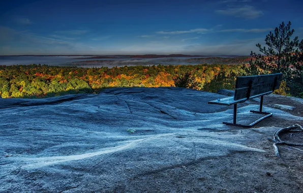 Picture landscape, mountains, morning, bench