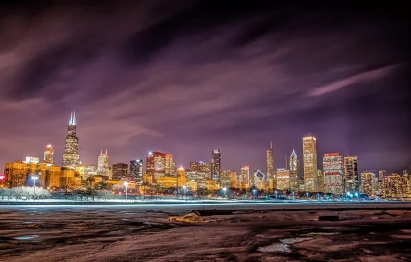 Picture lights, skyscrapers, the evening, Chicago, USA, Chicago, illinois, see