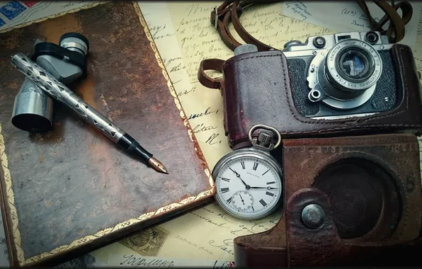 Letter, retro, pen, watch, the camera, vintage