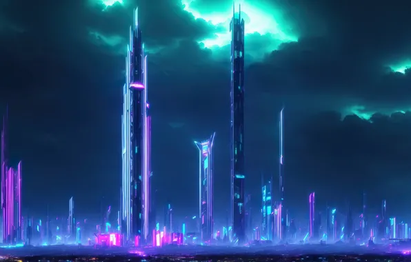 City, future, landscape, art, fantastic, neon, cyberpunk, digital art