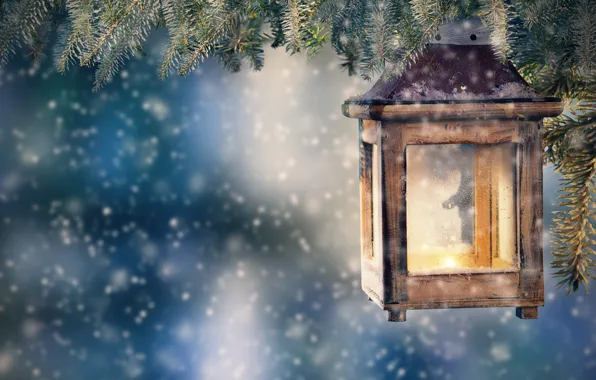 Snow, decoration, tree, New Year, Christmas, lantern, Christmas, snow