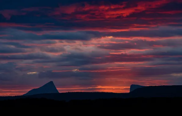 Clouds, mountains, France, silhouette, glow