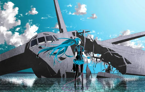Picture the sky, water, clouds, the plane, vocaloid, hatsune miku, Vocaloid, headphones