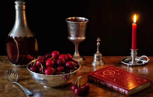 Picture style, berries, wine, silver, glass, bottle, candle, book