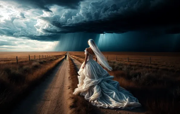 Road, the storm, field, girl, clouds, rain, the bride, white dress