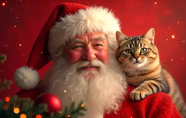 Cat, cat, portrait, Christmas, New year, Santa Claus, Santa Claus, red background