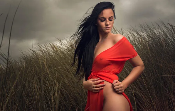 Field, chest, the sky, grass, clouds, nature, sexy, pose