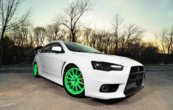 Green, Mitsubishi, white, wheels, lancer, evolution