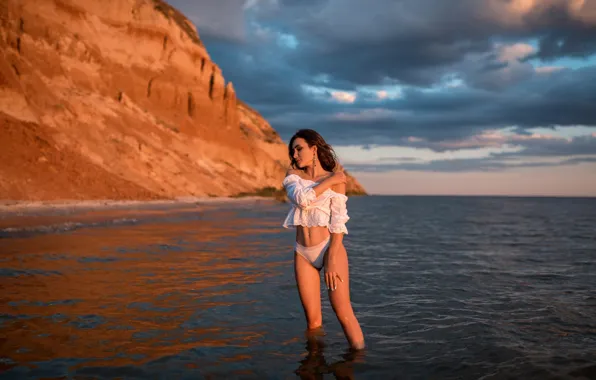 Sea, the sun, clouds, sunset, pose, model, panties, makeup