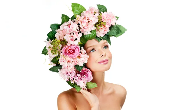 Picture leaves, girl, flowers, face, smile, portrait, makeup, white background