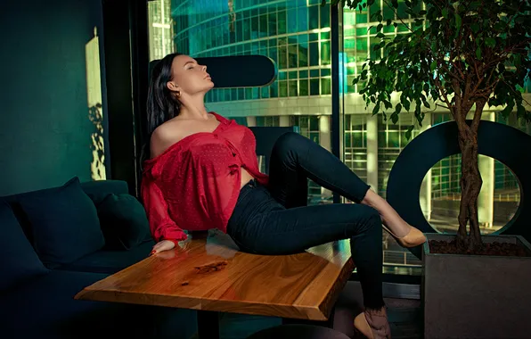 Girl, pose, jeans, blouse, legs, long hair, on the table, closed eyes