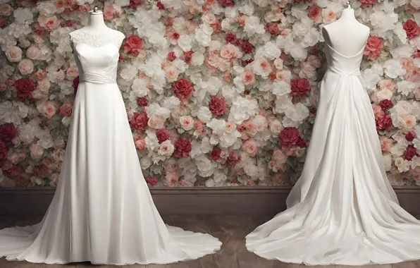Style, wall, roses, wedding dress, mannequins
