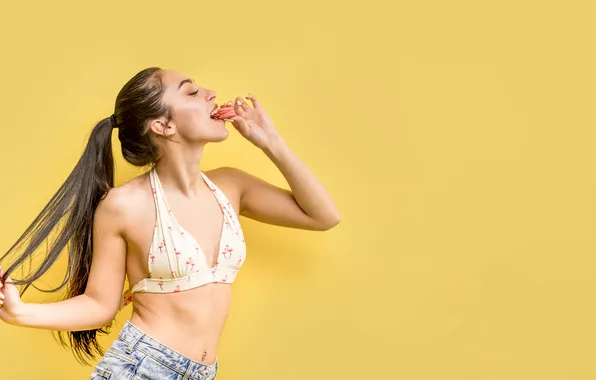 Woman, biscuit, eating, standing, macaron, beachwear